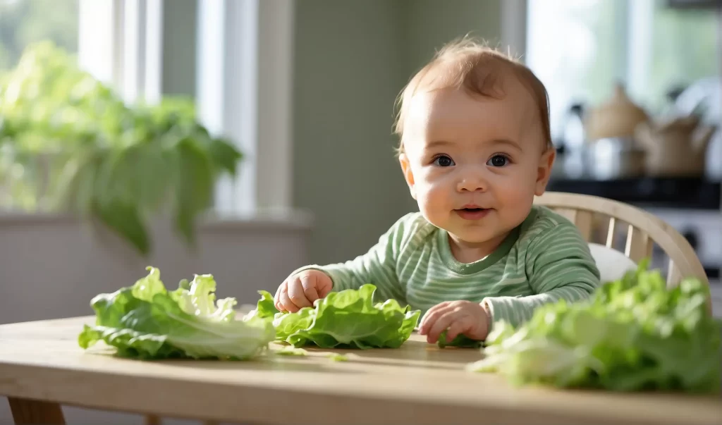 A baby first tasting lettuce
