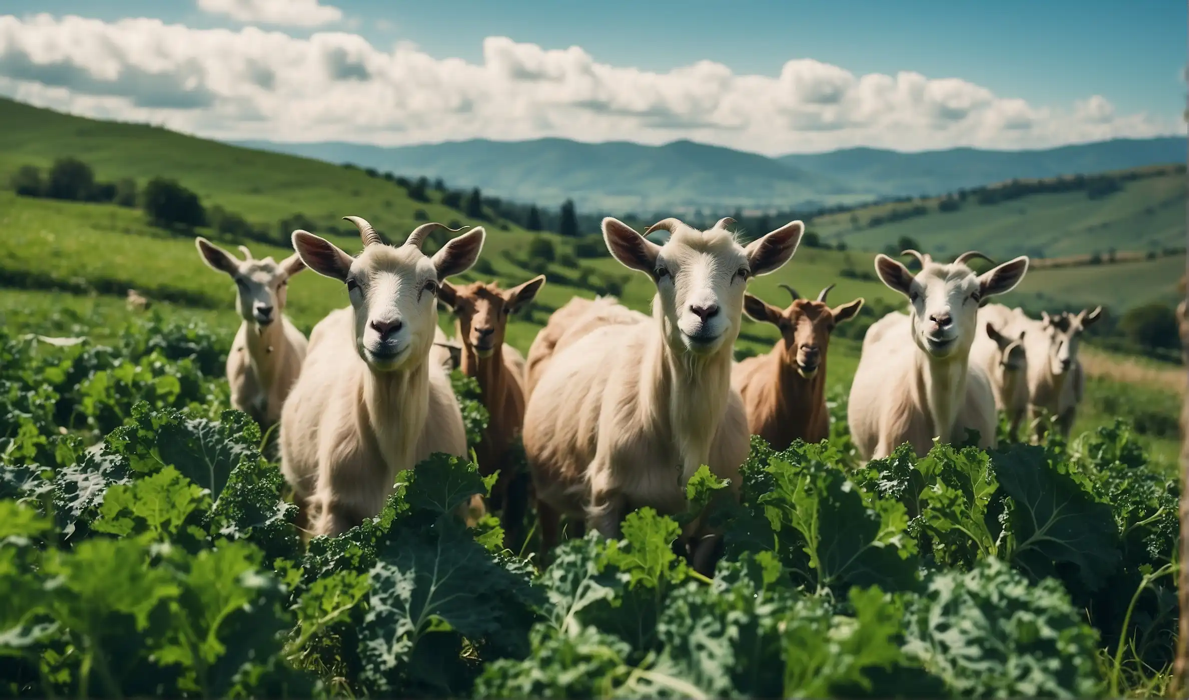 A group of goats grazing in a lush kale field