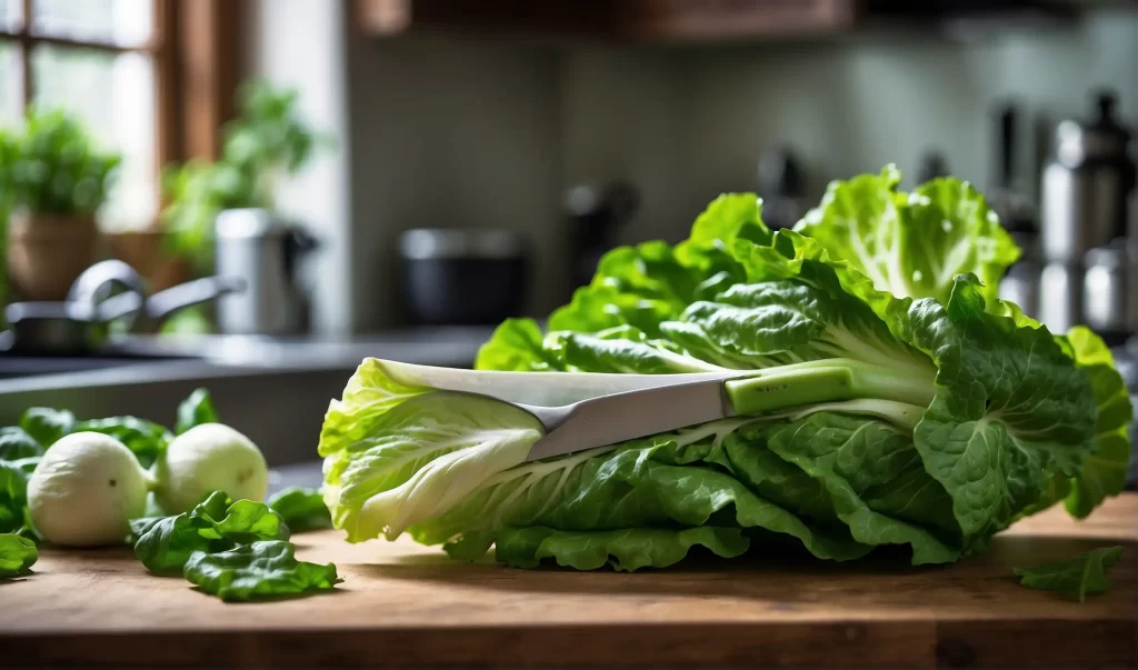 A head of romaine lettuce on a kitchen counter