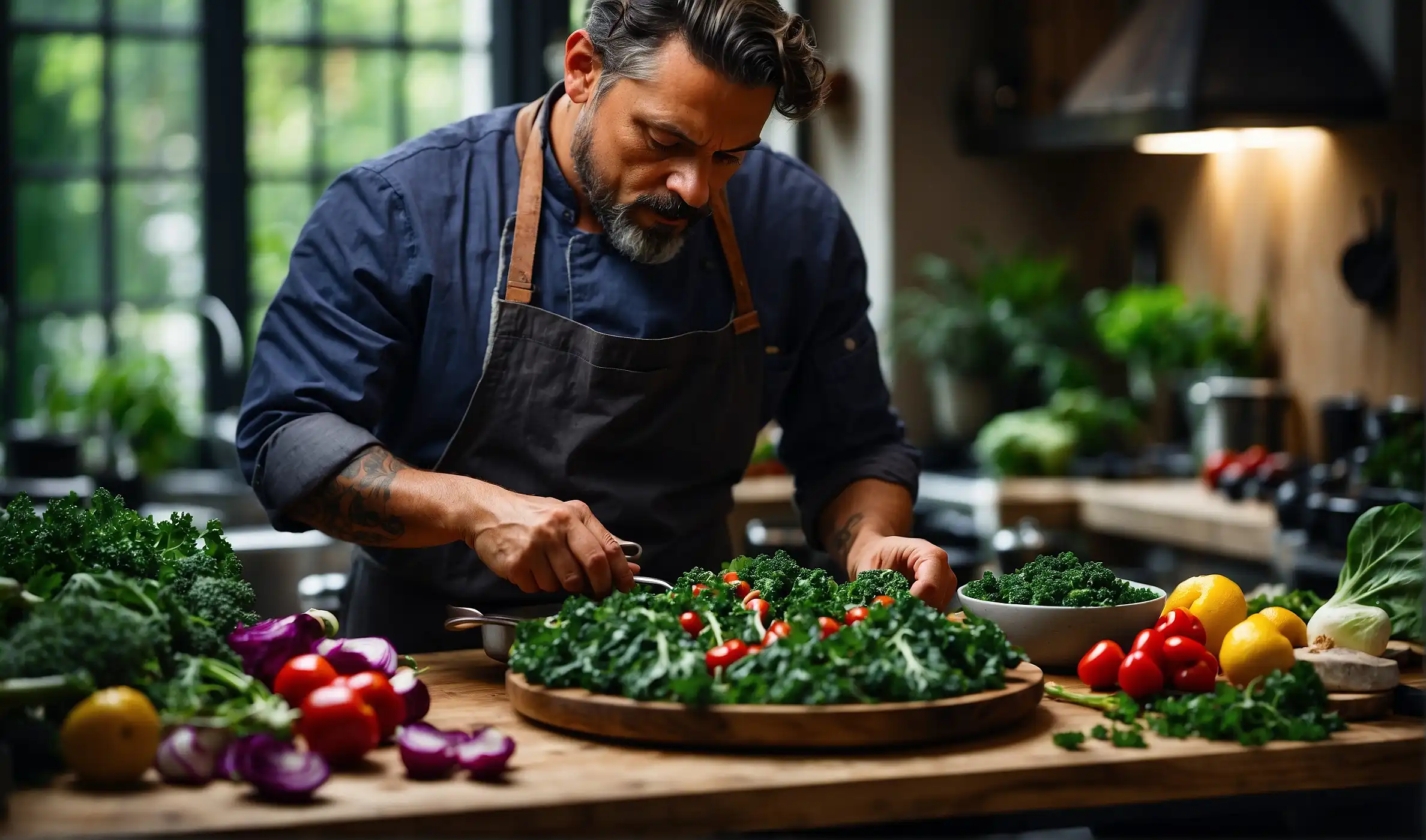 A kitchen scene, a chef preparing a kale salad with fresh ingredients
