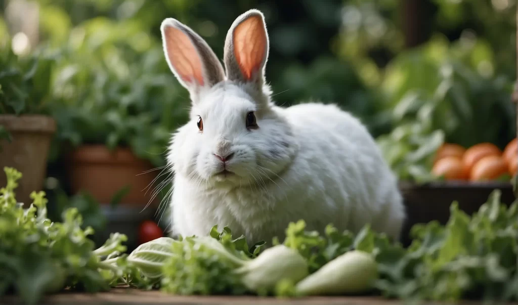 A rabbit nibbling on lettuce