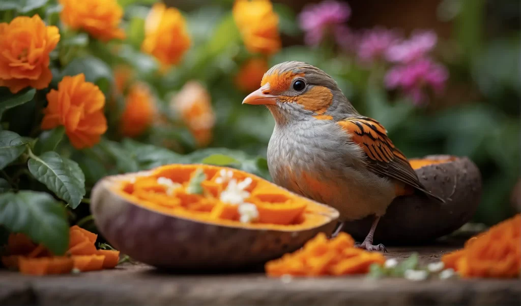 A small bird pecking at a sweet potato