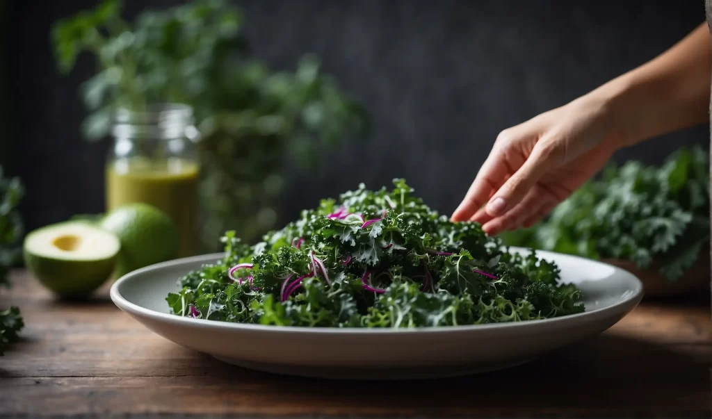 A vibrant plate of kale salad with a pregnant woman's hand gently holding it