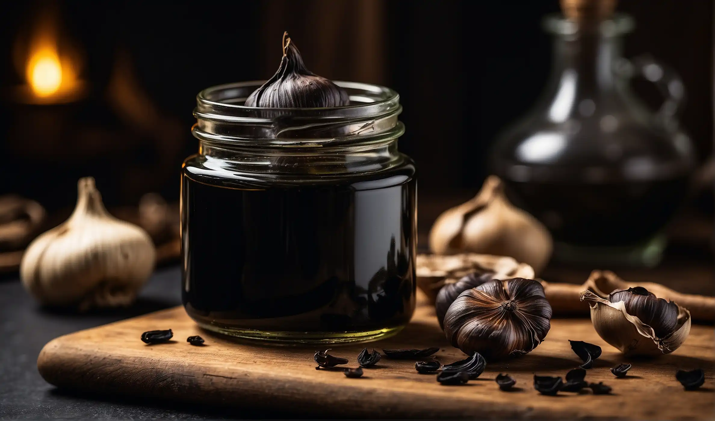 Black garlic oil in a glass jar