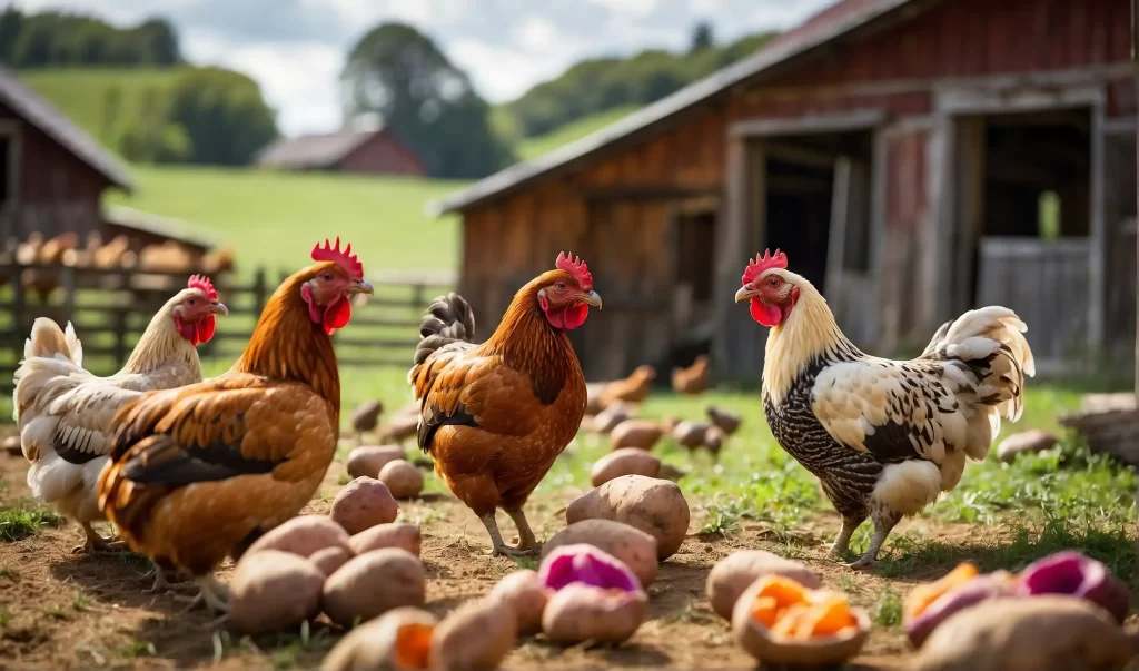 Chickens pecking at sweet potatoes in a farmyard