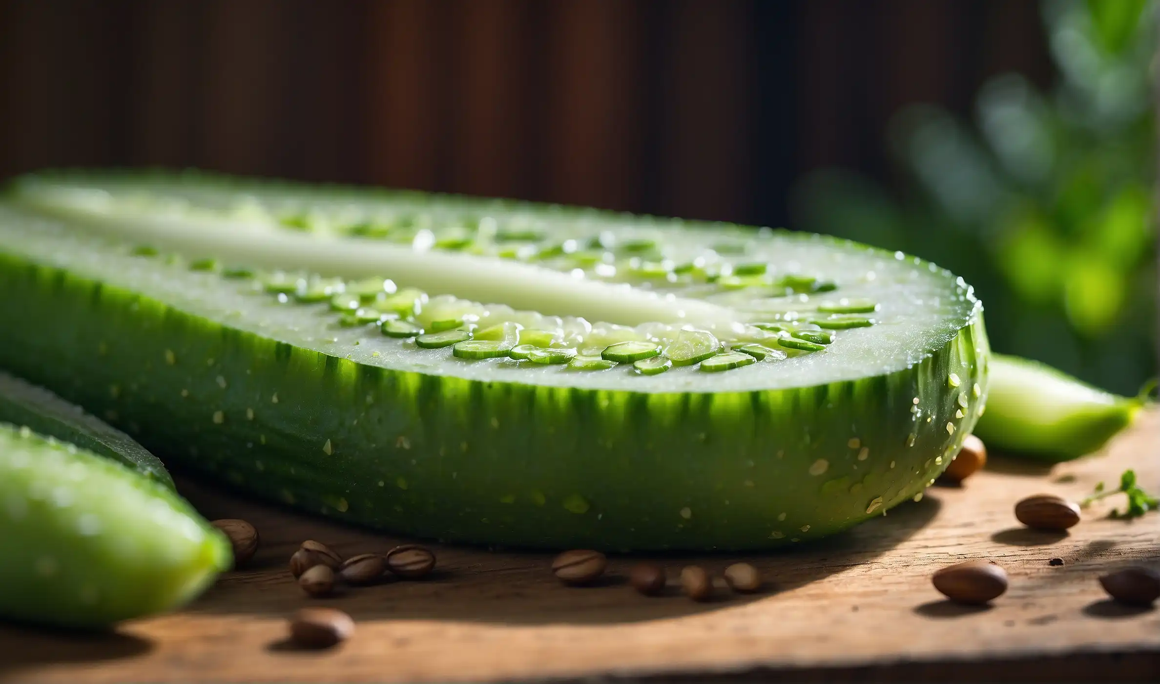 Cucumber slice on a wooden table