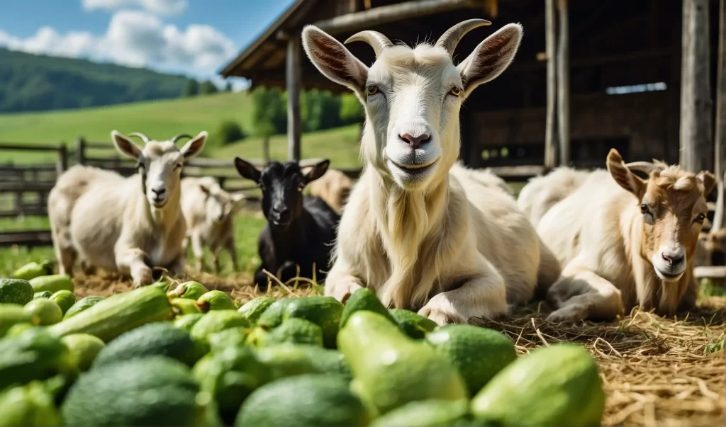Goats eating zucchini in a farm setting