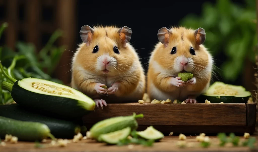 Hamsters nibbling on zucchini slices