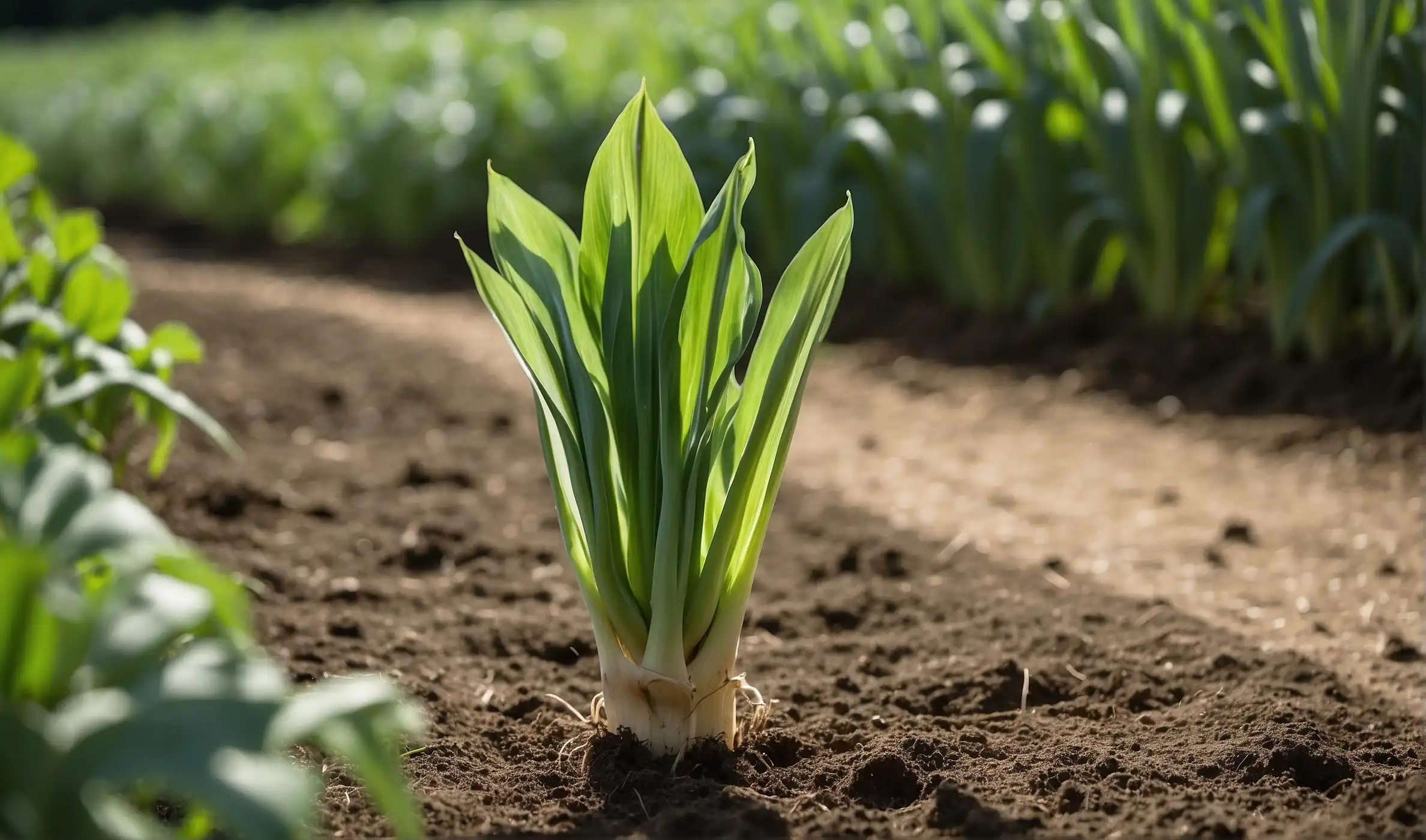 Leek, a tall leek standing in a vegetable garden with its long green leaves and white stalk