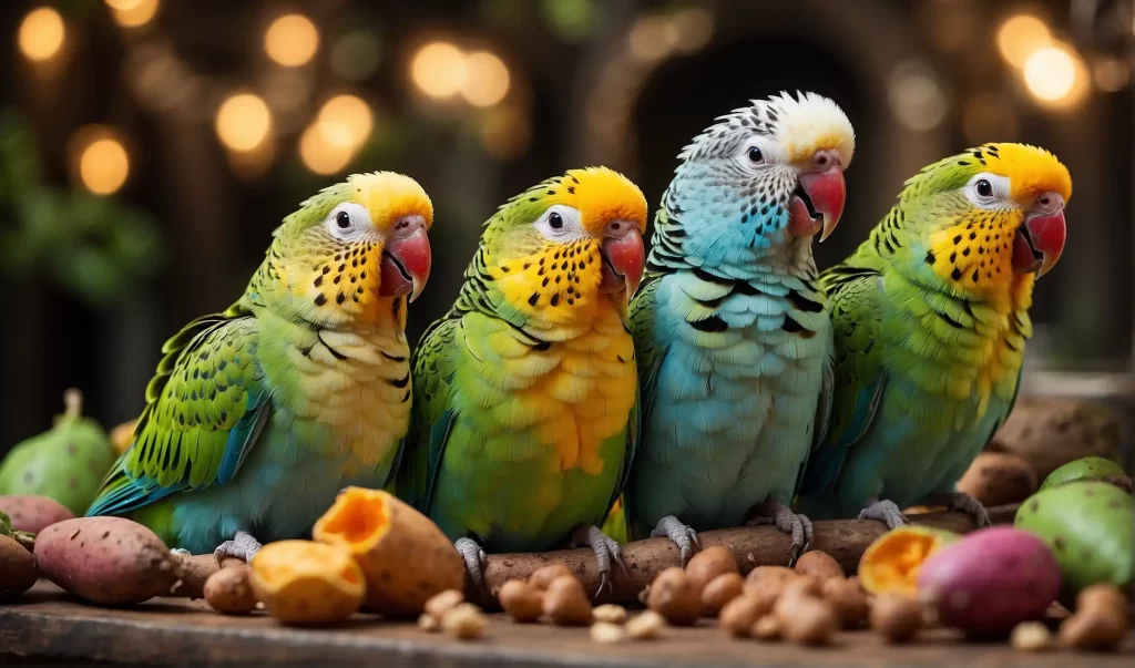 Parakeets enjoying sweet potatoes