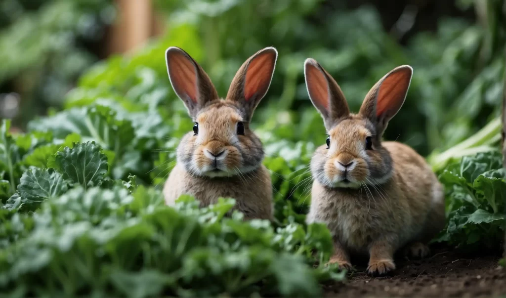 Rabbits eating tatsoi in a garden