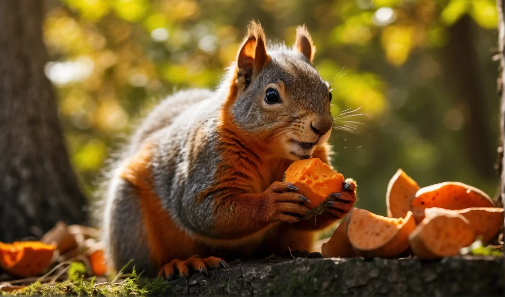 Squirrel eating a sweet potato