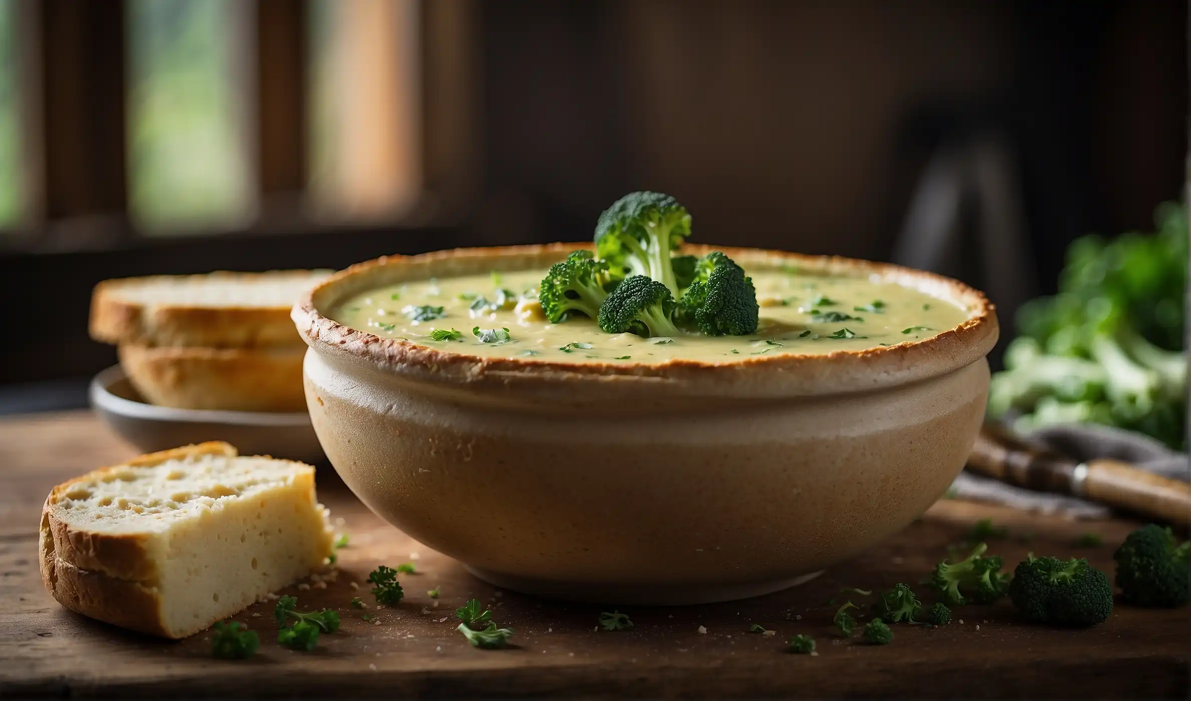 a bowl of broccoli cheese soup