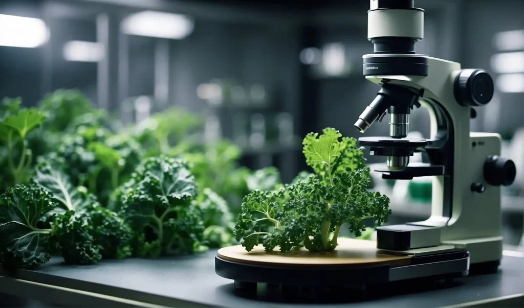 A scientific laboratory setting, with a microscope focused on a kale leaf