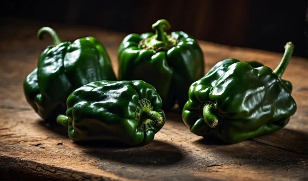 Approximately four poblano peppers in a pound