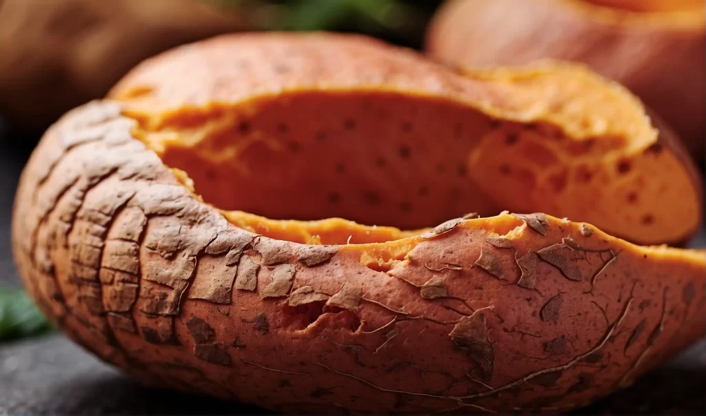 close-up view of a sliced sweet potato revealing intricate vein patterns