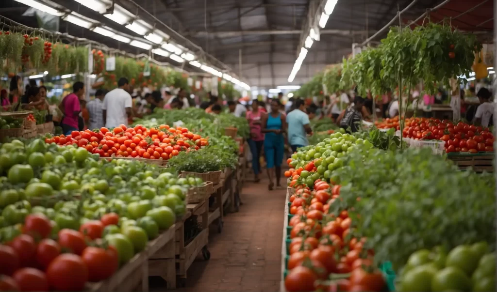 A vibrant market displaying a variety of tomato plants for sale