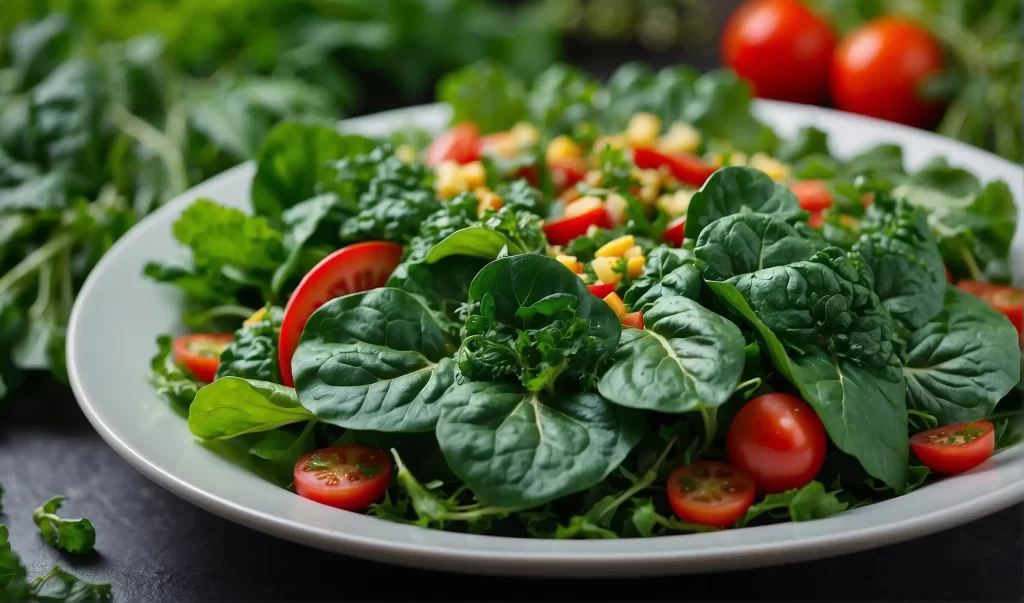 Tatsoi in a healthy salad, fresh green tatsoi leaves mixed with colorful vegetables