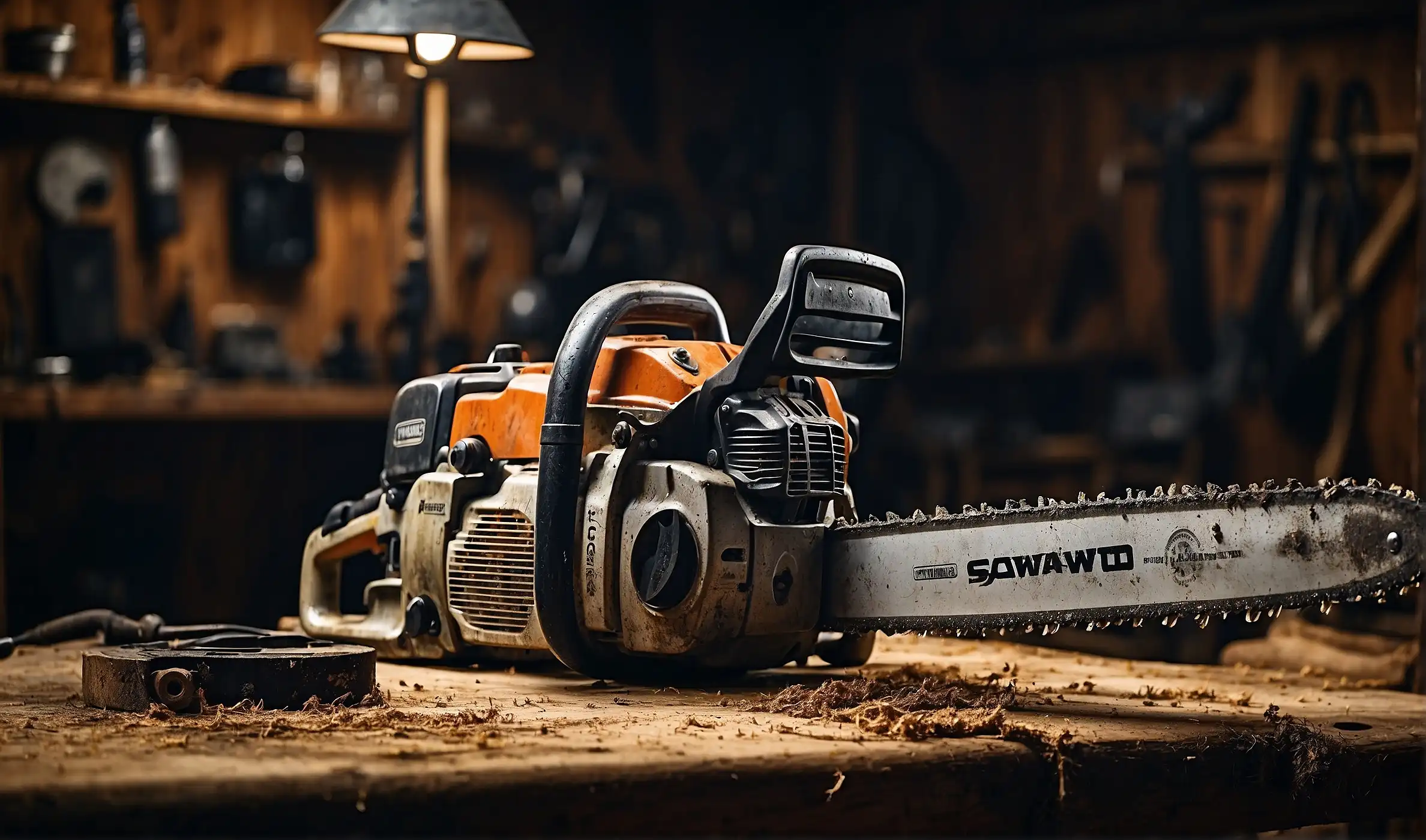 A chainsaw with 10w30 oil on its bar