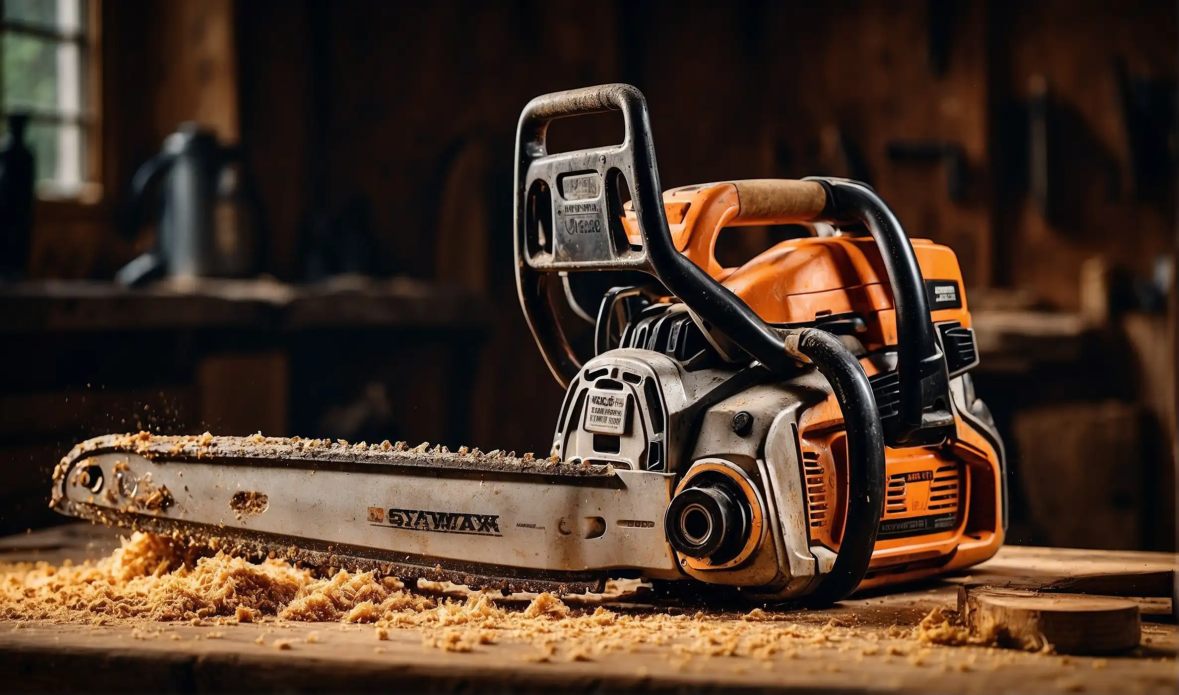 A rugged 14-inch chainsaw covered in sawdust and wood chips