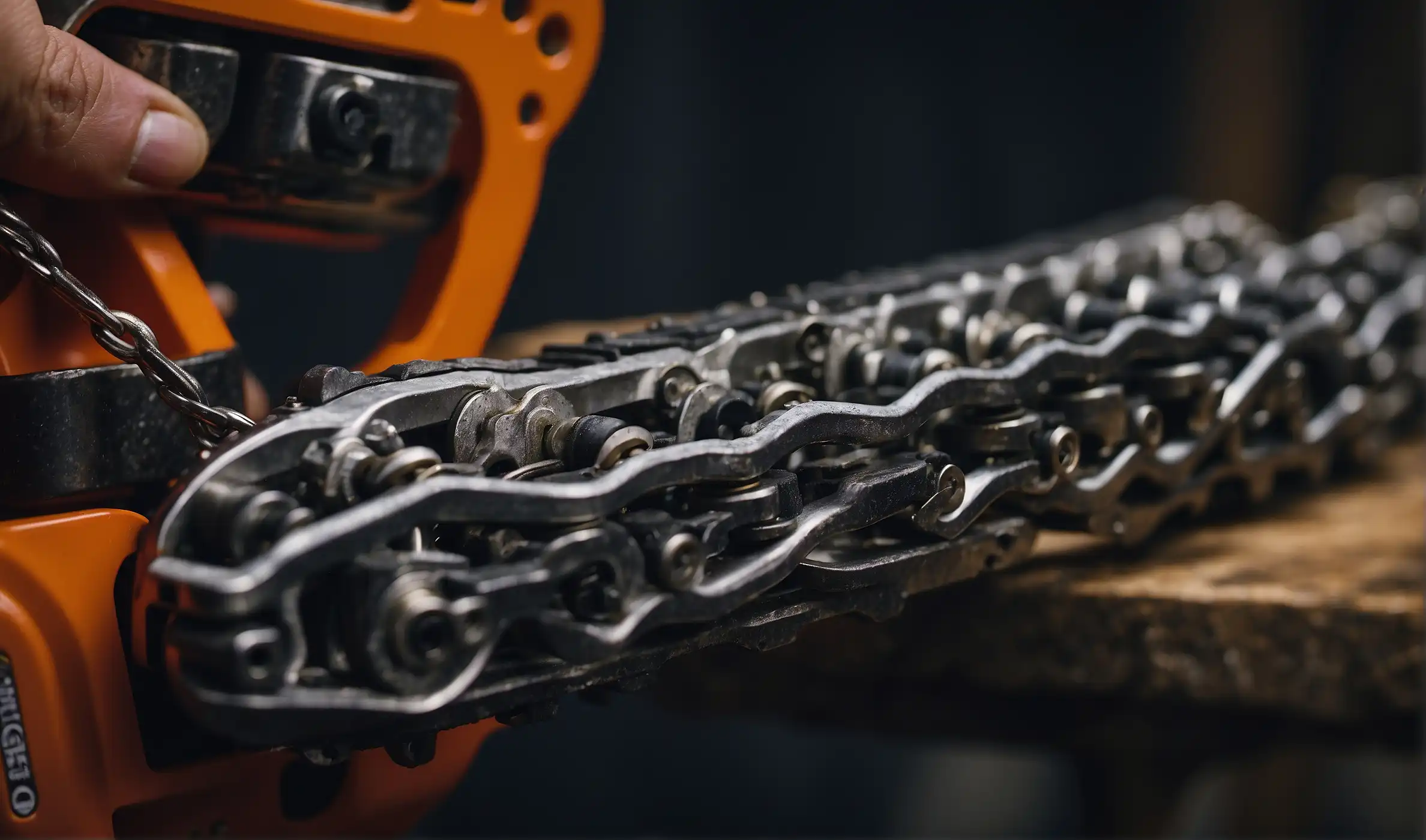 Demonstrating the correct placement of a chainsaw chain
