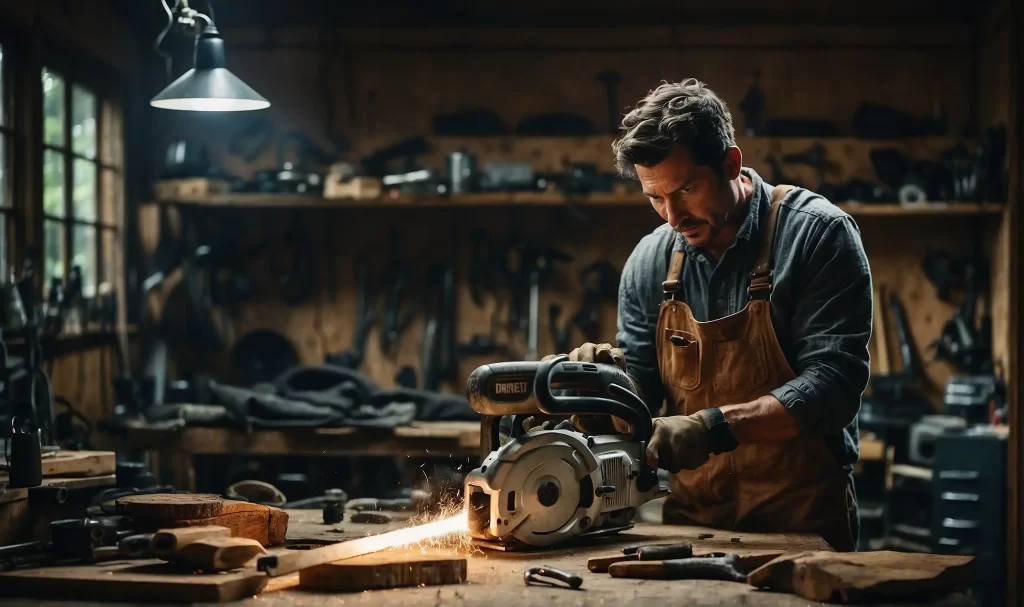 A person expertly sharpening a chainsaw blade with a Dremel tool in a well-lit garage