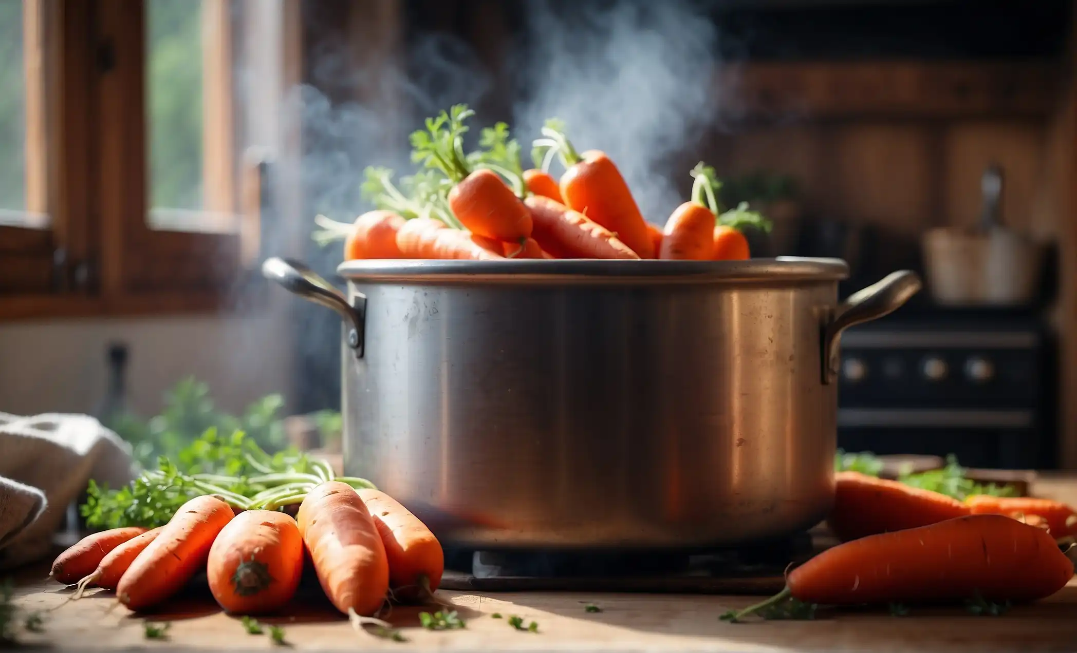 Softening carrots in a rustic kitchen